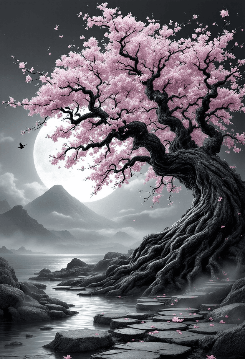 AI generated: An ancient, gnarled sakura tree with twisted trunk (hyper-detailed bark: deep grooves, lichen patche...