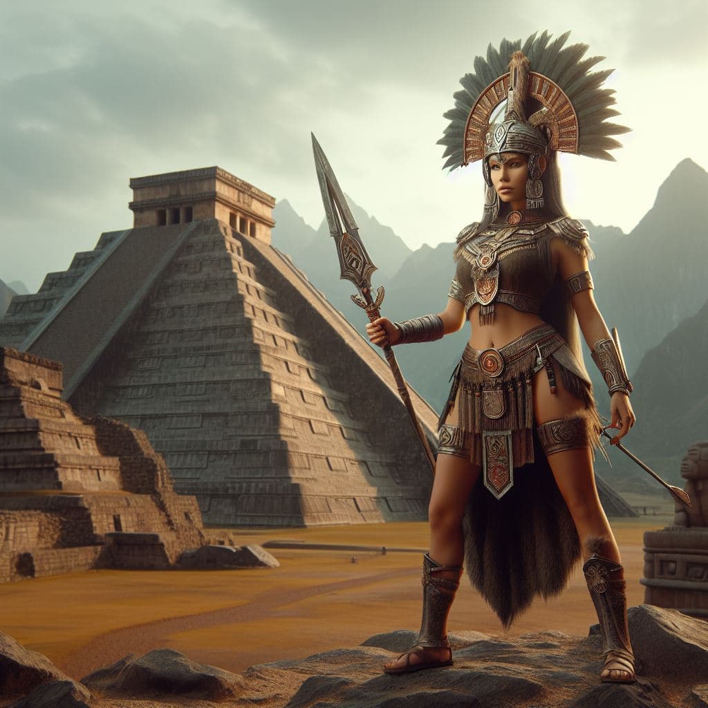 AI generated: a Inca warrior standing in front of a pyramid with a sword in her hand and a headdress on her head,...