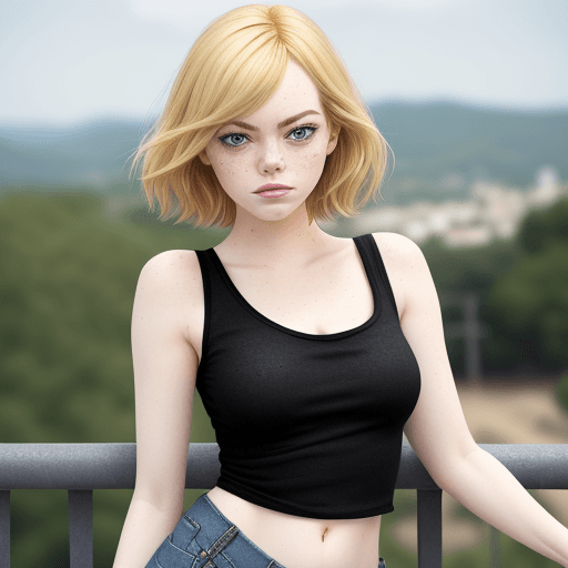 AI generated: emma stone ,  (((blonde hair))),  natural make up , (((black tank top, denim short))), standing outs...