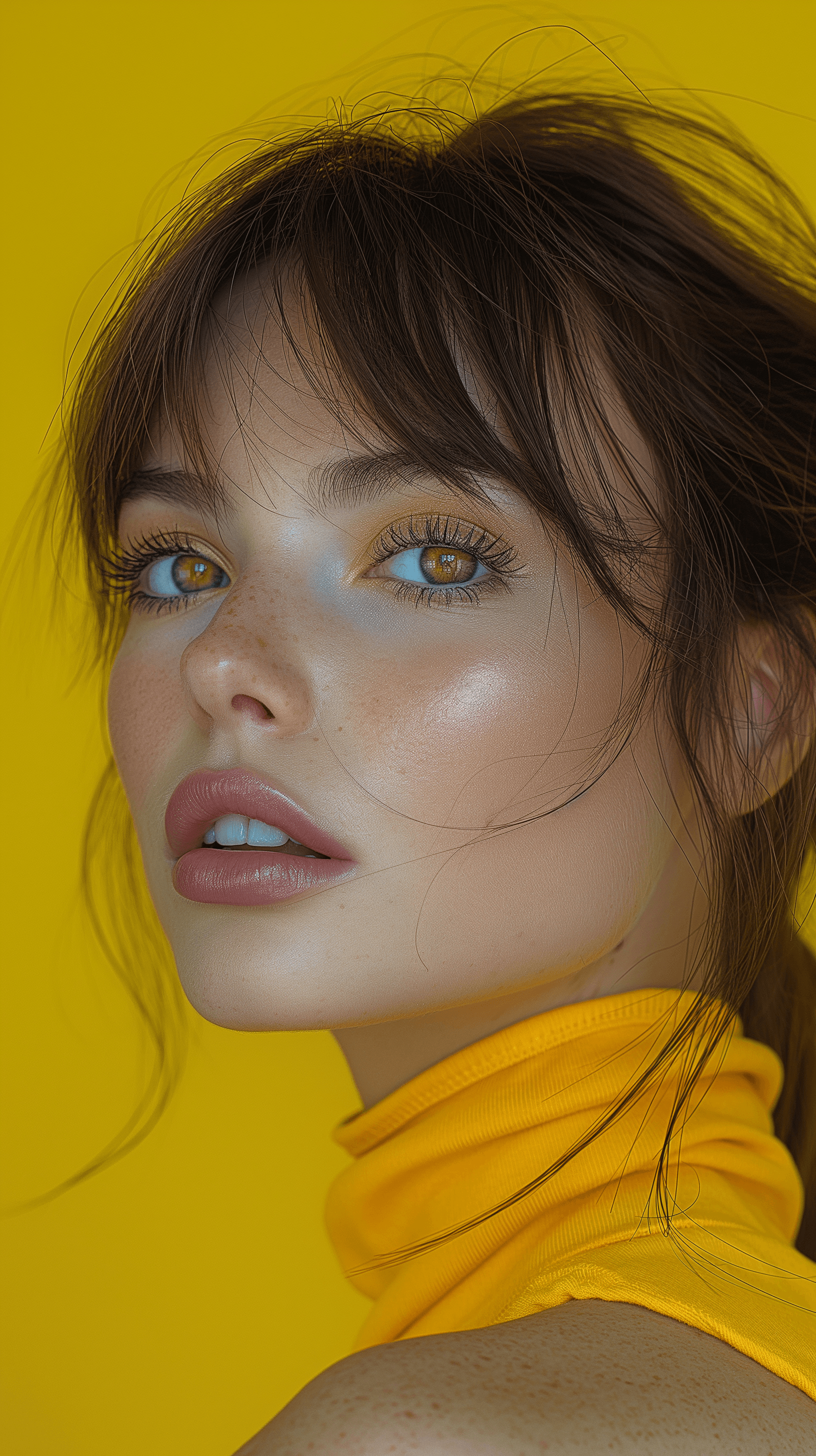 AI generated: photography, upper body, yellow hue, woman model, solid yellow backdrop, yellow eyes detailing, usin...