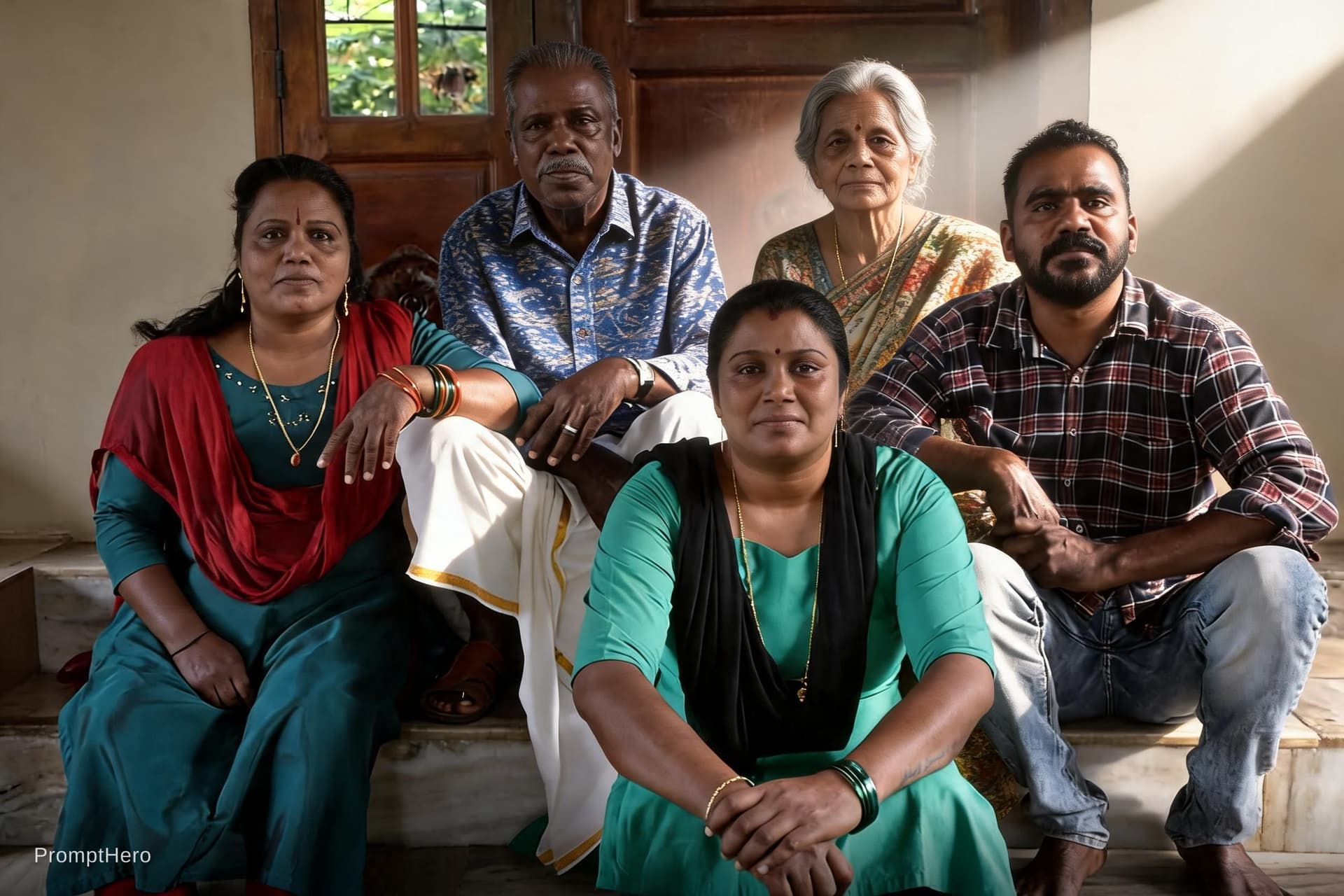 AI generated: Indonesian family photo, 50 year old father, 80 year old mother, 70 year old daughter, 52year old da...