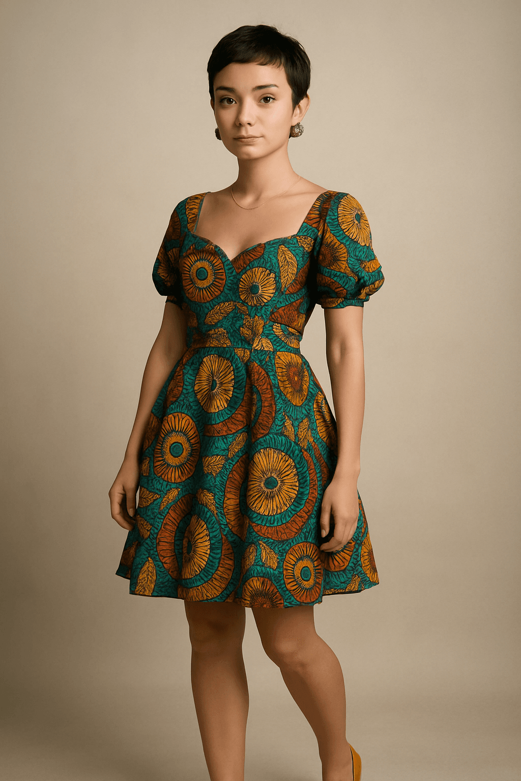 AI generated: A photography of a calm and confident caracter, dressed in a stylish, colorful Ankara outfit. 