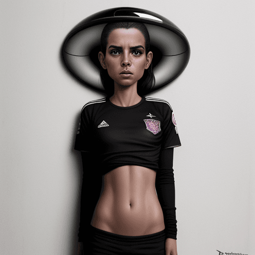 AI generated: Un futbolista extraterrestre hiperrealismo con ropa negra, rosa y blanca de cuerpo entero