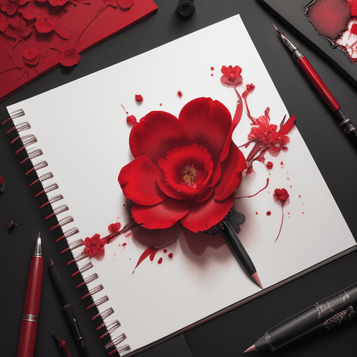 AI generated: Crimson flower in full bloom, vivid red hues on black background, ink pen with sharp focus, hyper-re...