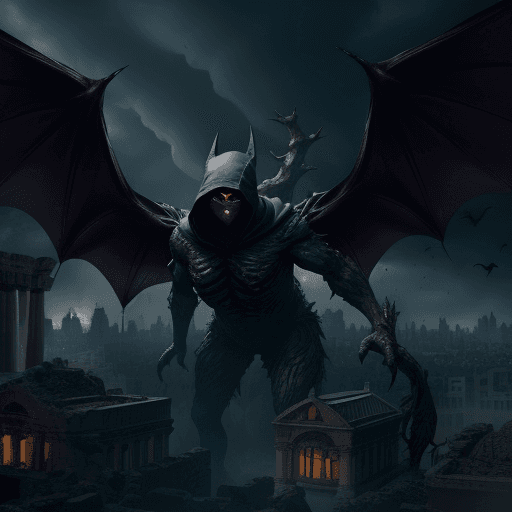 AI generated: A elderich monster  giant bat wings floating above a city, roots popping out of the tree to smash bu...