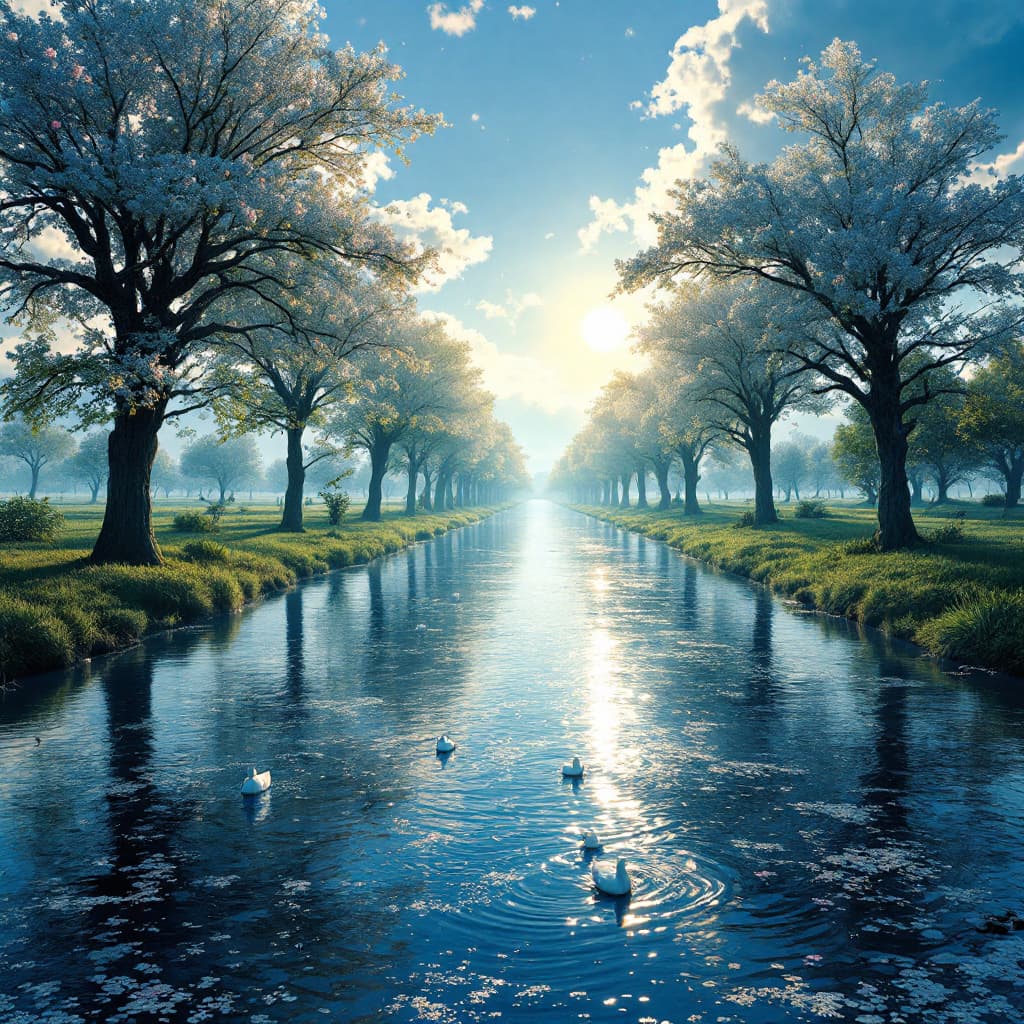 AI generated: a wide river on a flat plain, with tall trees that line across the river, their branches laden with ...