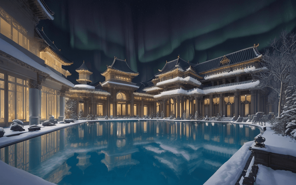 AI generated: snow weather, aurora ,delight night ,a large building with a pool in front of it, ornate retreat, br...