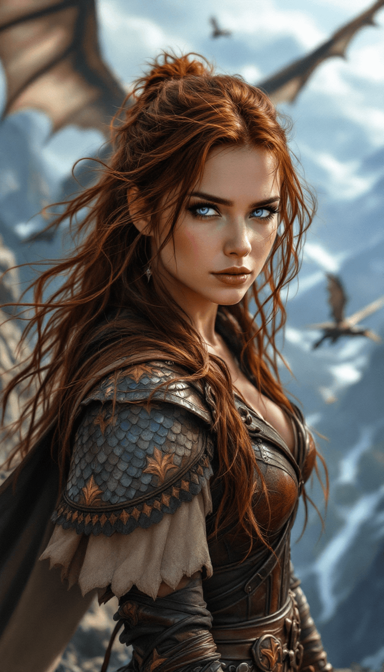 AI generated: A brave and powerful woman with long, dark auburn hair, often windswept and practical. Her eyes are ...