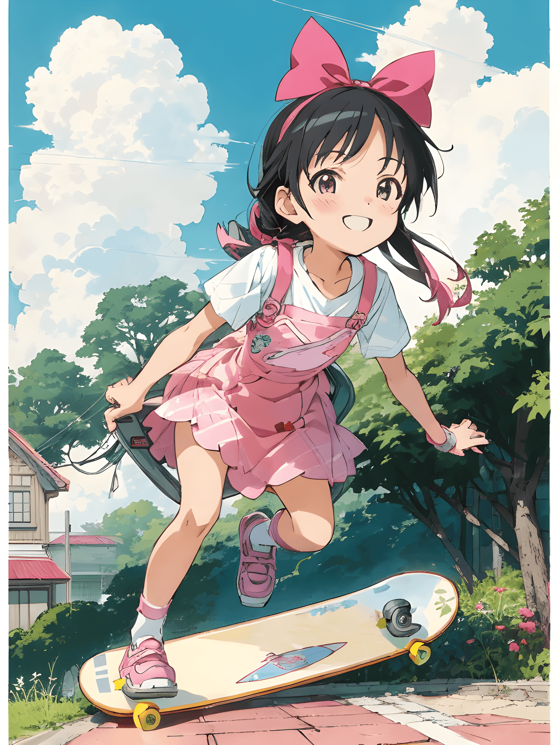 AI generated: a girl in a pink dress riding a skateboard, by Inoue Naohisa, trending on pixiv, process art, good s...