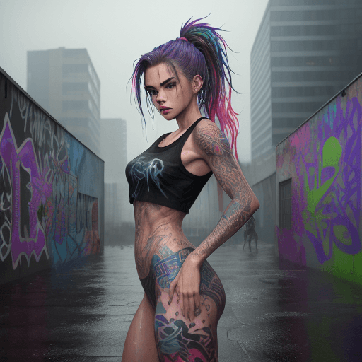 AI generated: masterpiece, concept art, centered, wide shot, front view, 1girl, wet, (rain, night), body tattoo, m...