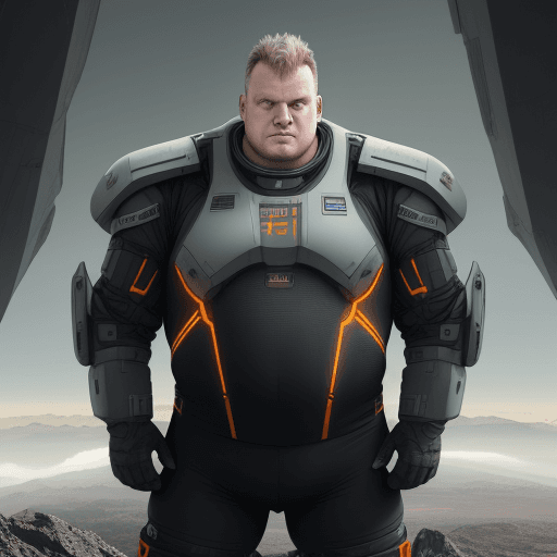 AI generated: sci-fi bild, junger mann, mollig, 130kg, schon mit 18 bekam er Haarausfall und schnitt sich seit dem...