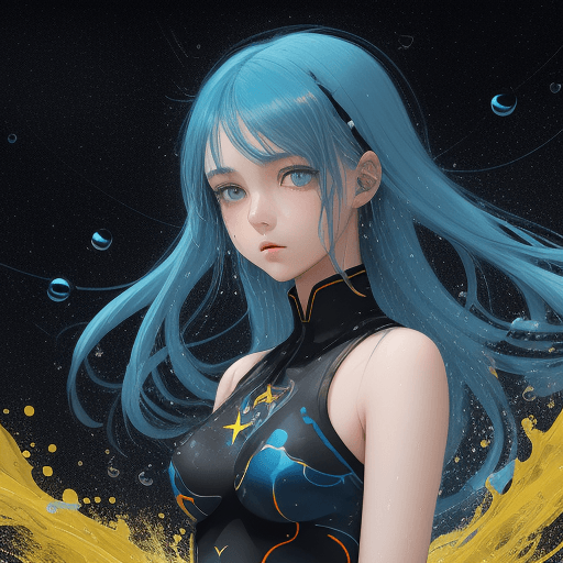 AI generated: illustration of a girl with blue hair, art print, in the style of dark yellow and light azure, water...