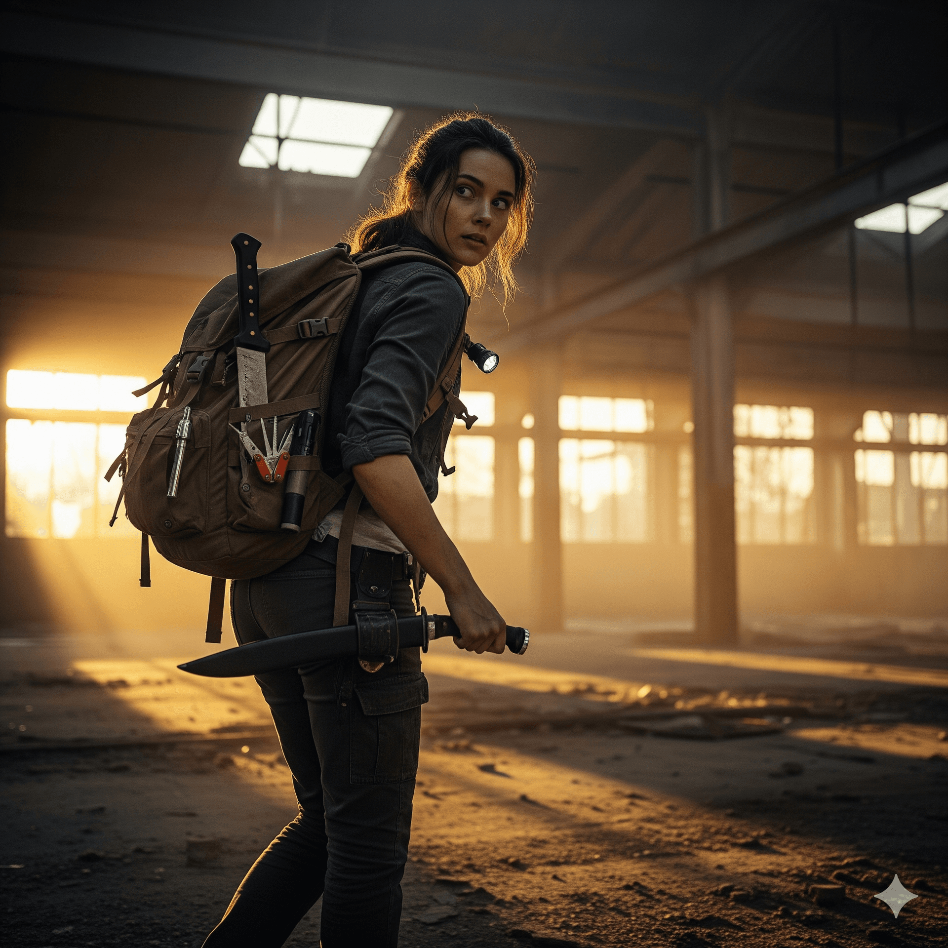 AI generated: An action sequence of a young female survivor walking carefully through the ruins of an abandoned fa...