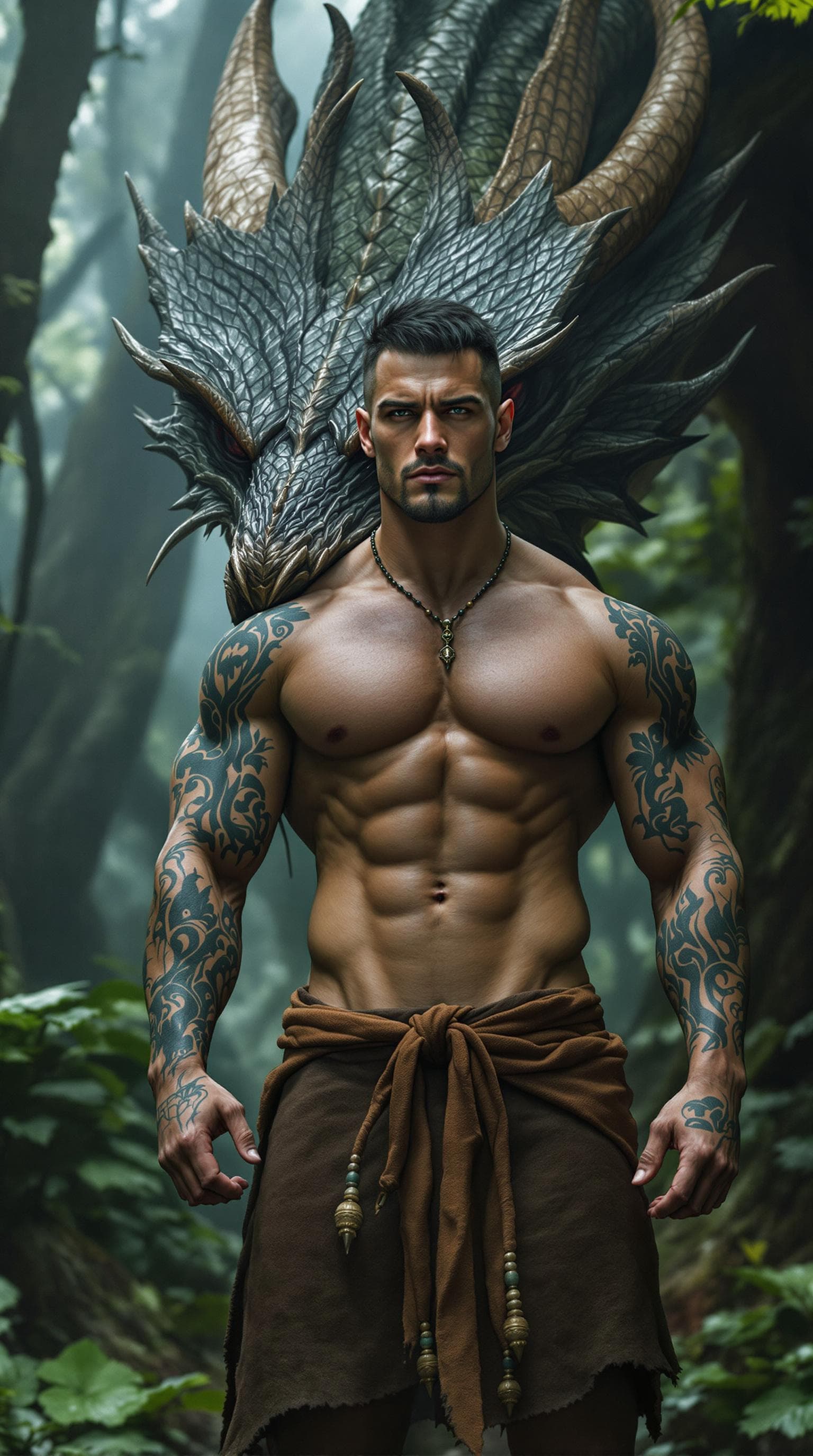AI generated:  A muscular man standing confidently in a lush, misty forest setting. He has a strong presence, show...