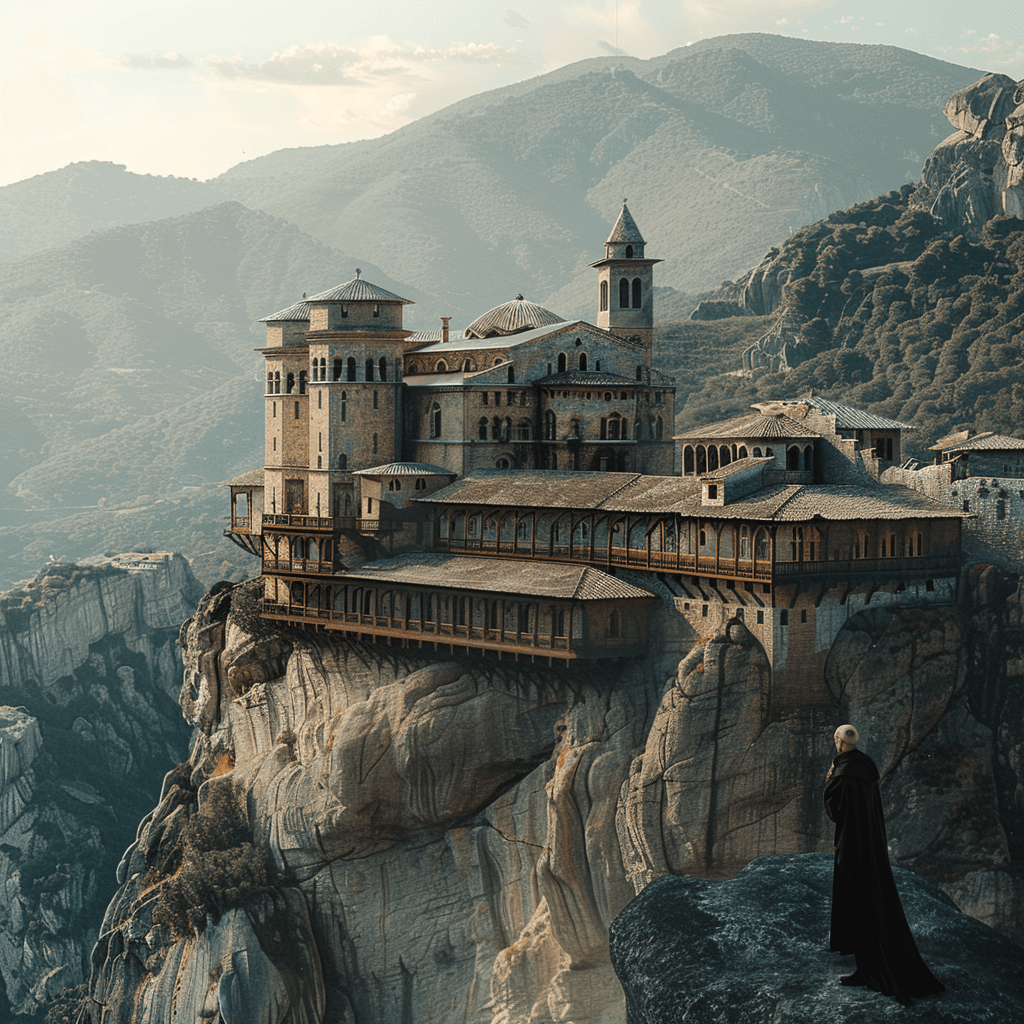 AI generated: RAW photo of a mount Athos greek monastery on the cliff, , highly detailed, photorealistic, ultra-re...