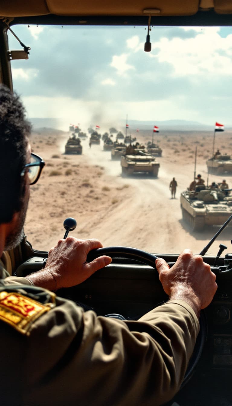 AI generated: High resolution photography intFirst person POV, President Anwar Sadat’s hands grip the steering whe...