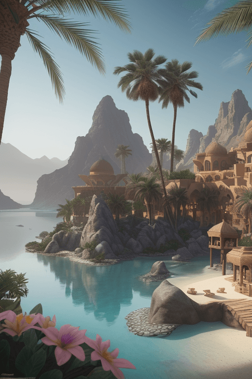 AI generated: Arabian Village resort surrounded by water and nature, village, volumetric lighting, palm trees,phot...