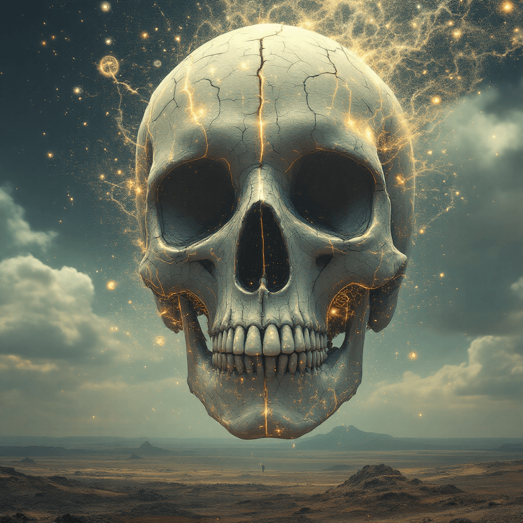 AI generated: A colossal, hyper realistic human skull, 200 meters wide, floats ominously in the sky like a divine ...