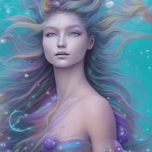 AI generated: Frontal portrait of a whimsical and colorful woman resembling a mermaid or siren. Fair complexion, y...