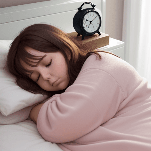 AI generated: “”A medium-sized woman is sleeping peacefully on her side on the bed. Next to the bed is an alarm cl...