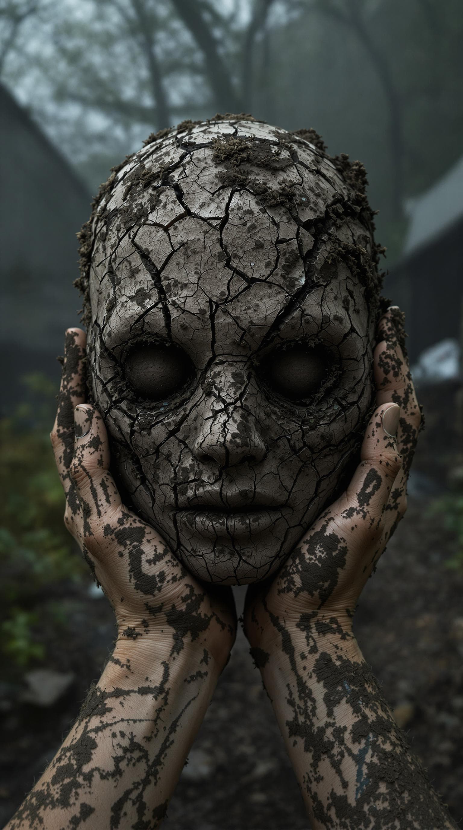 AI generated: A surreal first-person perspective scene where a person's hands grip a weathered, spherical object r...