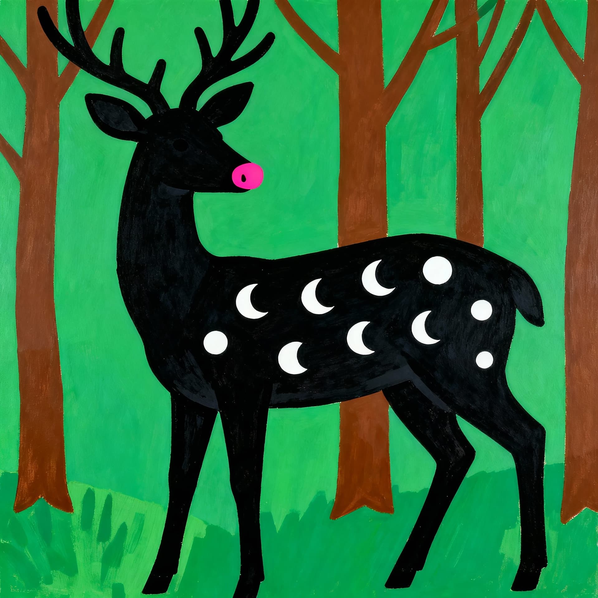 AI generated: a  simple painting of a black deer with a pink nose and antlers, with white dots on its body like th...