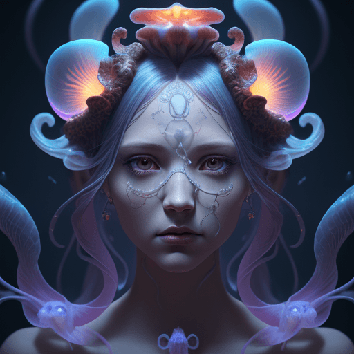 AI generated: Goddess close-up portrait ribcagel. jellyfish phoenix head, nautilus, orchid, skull, betta fish, bio...