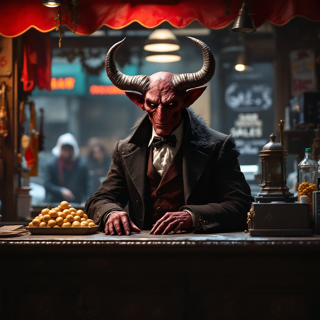 AI generated: posimas sales stand,attended by the devil,small horns,elegant european clothing,cash register,no peo...