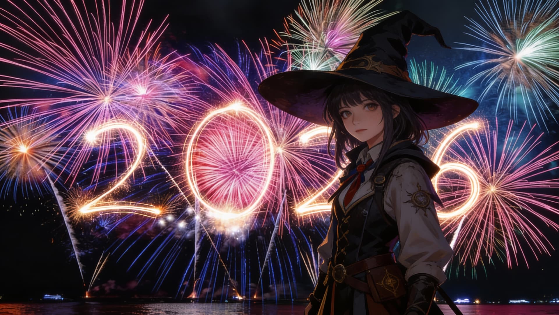 AI generated: rugged girl witch wearing a magic school uniform, large, wide-brimmed witch hat, cinematic, elaborat...