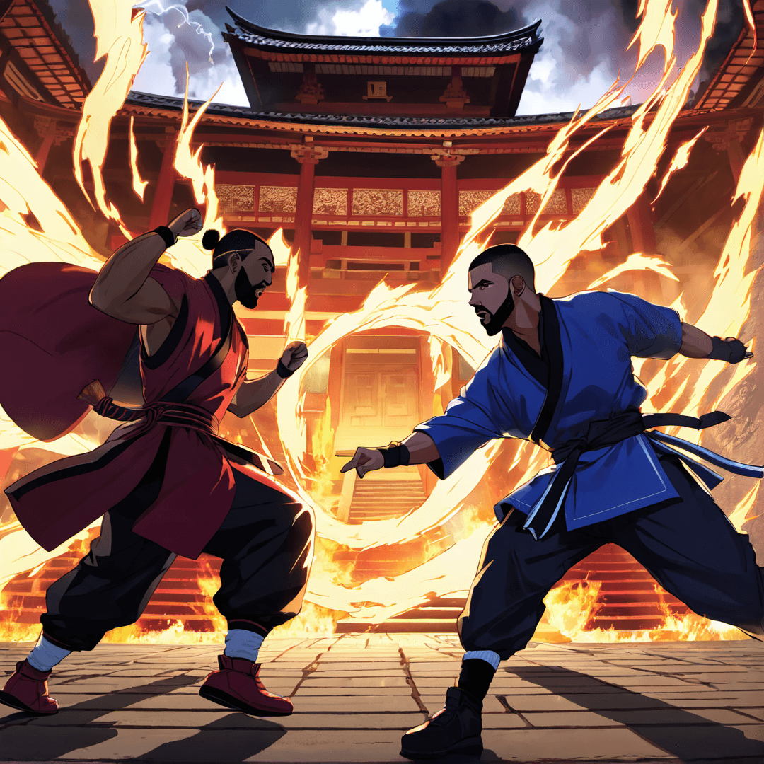 AI generated: Drake fighting Kendrick Lamar in a forbidden temple, anime, wearing ninja outfits, violent destructi...