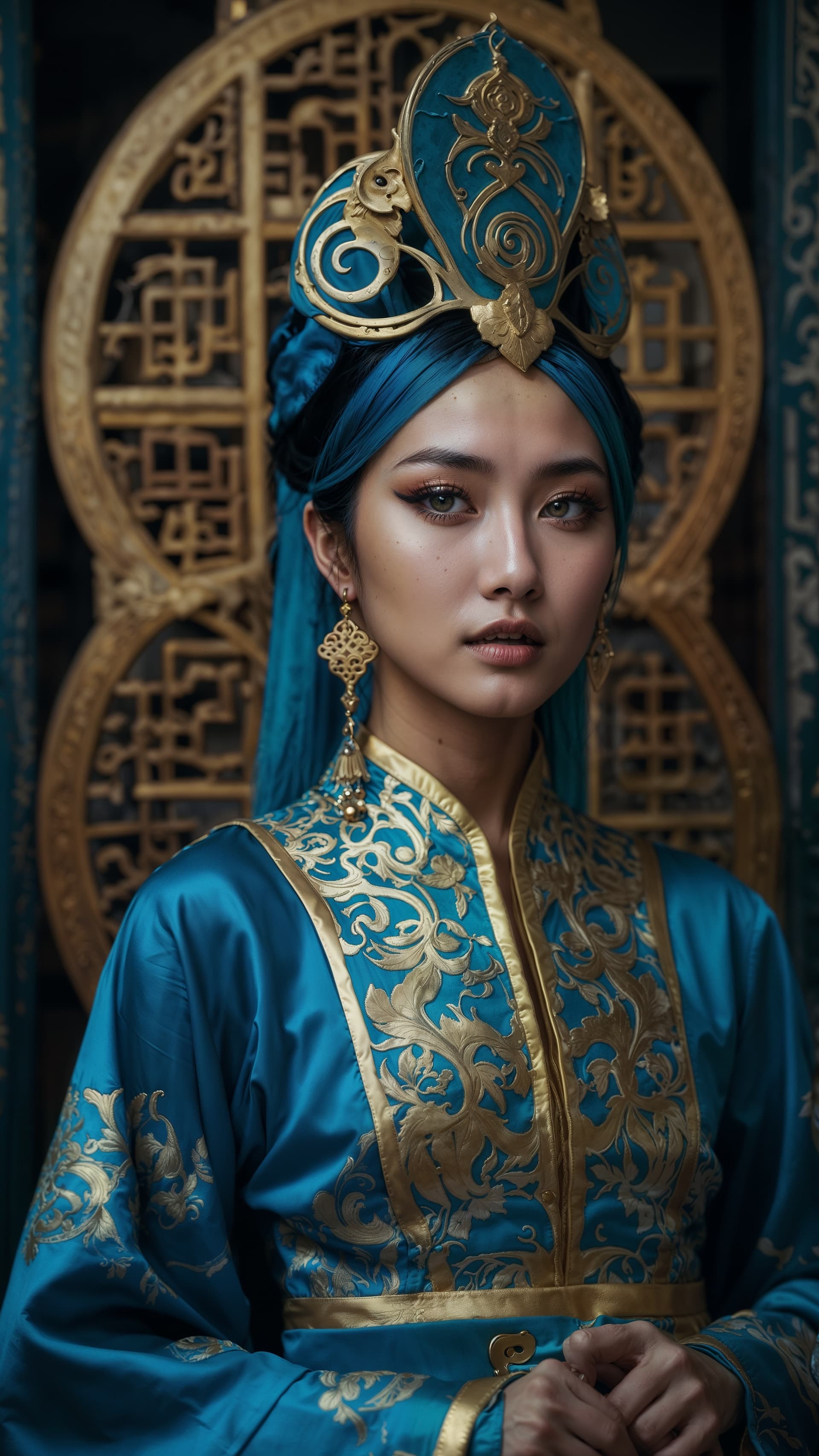 AI generated: blue and gold Chinese classic fashion culture, in the style of xu beihong, appropriation woman of be...