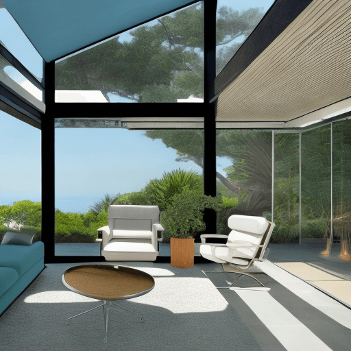 AI generated: Hyper realistic eye level exterior photo of a mid century modern style house overlooking the ocean, ...