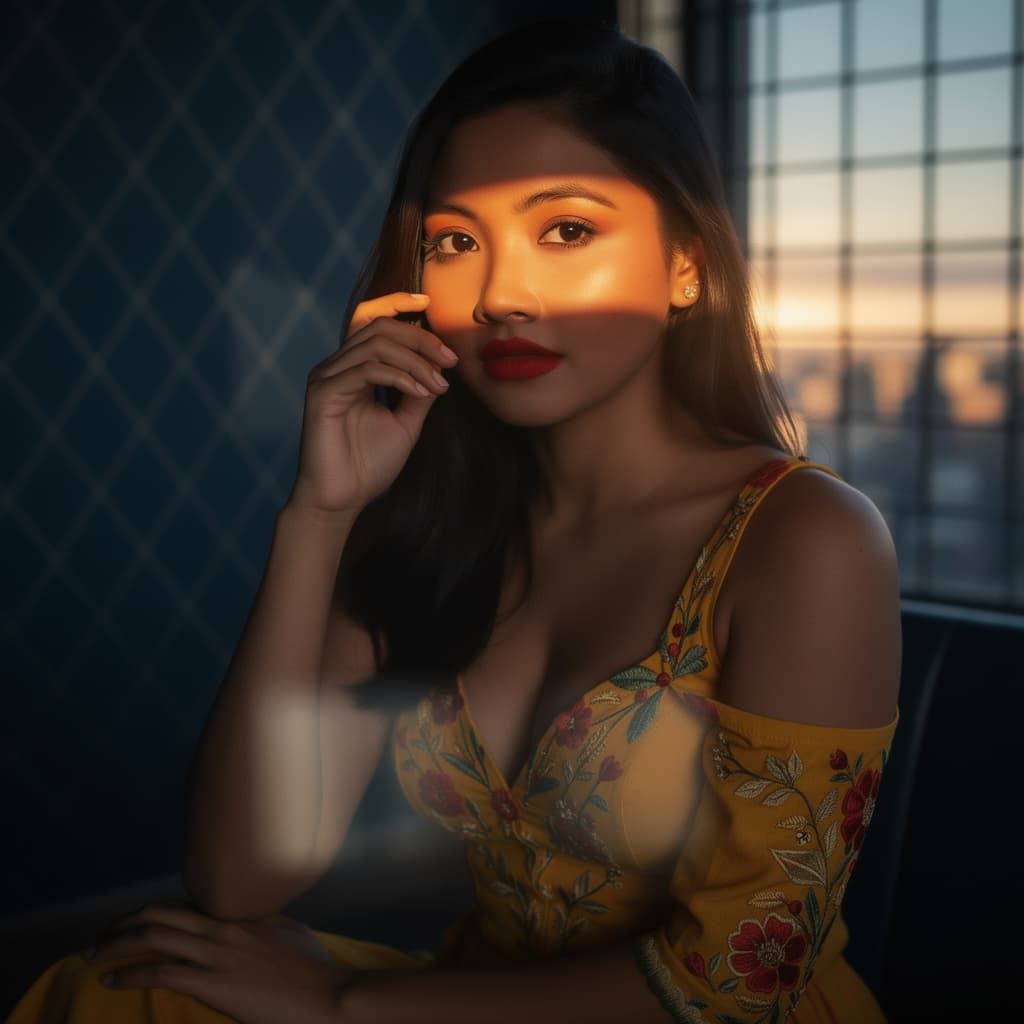 AI generated: A cinematic photorealistic boudoir portrait of a beautiful Asian woman kneeling on a bed. She is wea...