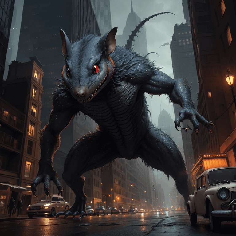 AI generated: haunting alien creature that looks like a monstrous giant shrew with many fangs, reddish eyes, urban...
