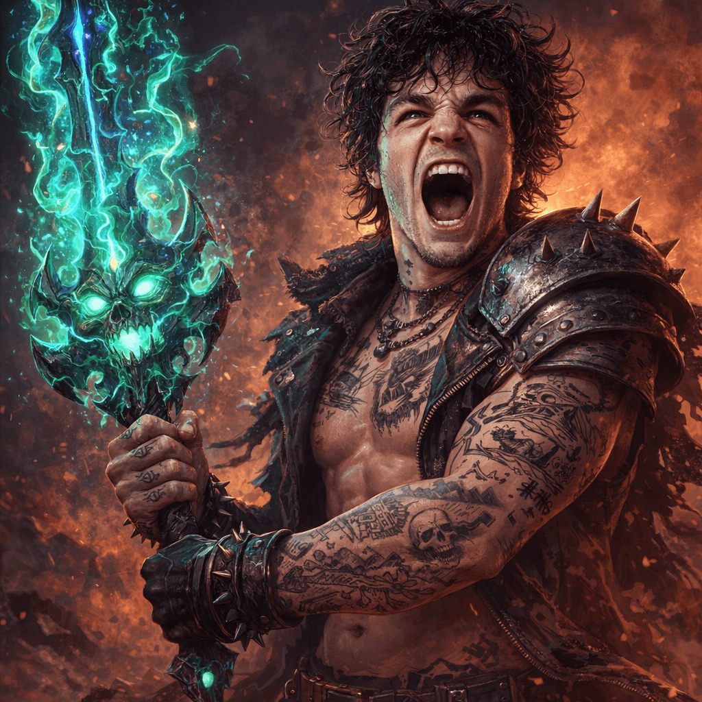 AI generated: A brave, muscular, punkish warrior with shaggy hair and tattoos chronicling his exploits. He holds a...