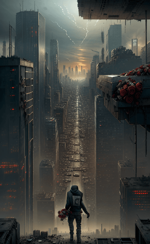 AI generated: post-apocalyptic panoramic cityscape with a man in a hoodie holding a bouquet of roses in one hand o...