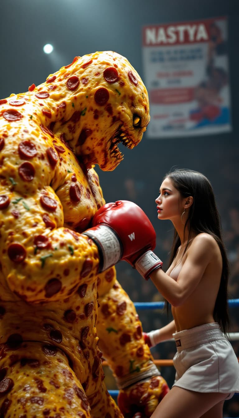 AI generated: RAW, photo of two photorealistic boxers fighting in a boxing arena. The first boxer is a human-like ...