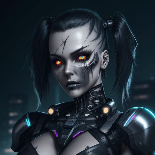 AI generated: girl, cyberpunk augmentation, cyberware, cyborg, carbon fiber, chrome, implants, metall skull, blood...