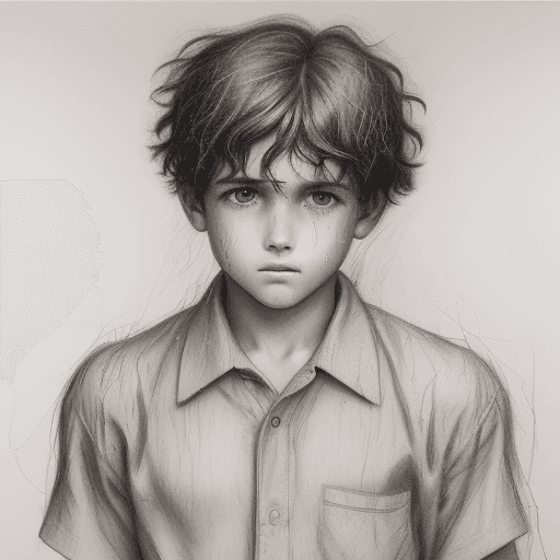 AI generated: An expressionist charcoal sketch, a drawing of a boy wearing his school uniform. running in the rain...