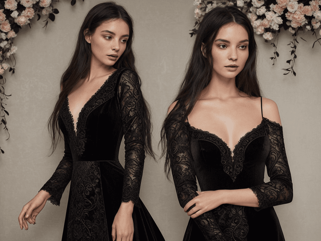 AI generated: The woman in the image is dressed in a long, flowing black dress that appears to be made of a heavy,...