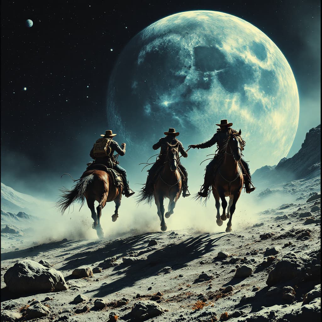 AI generated: cowboys riding horses on the lunar surface