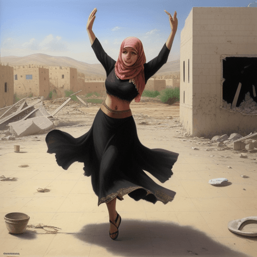 AI generated: an oil painting of a Palestinian woman dancing in front of the tank that destroyed her house. in the...