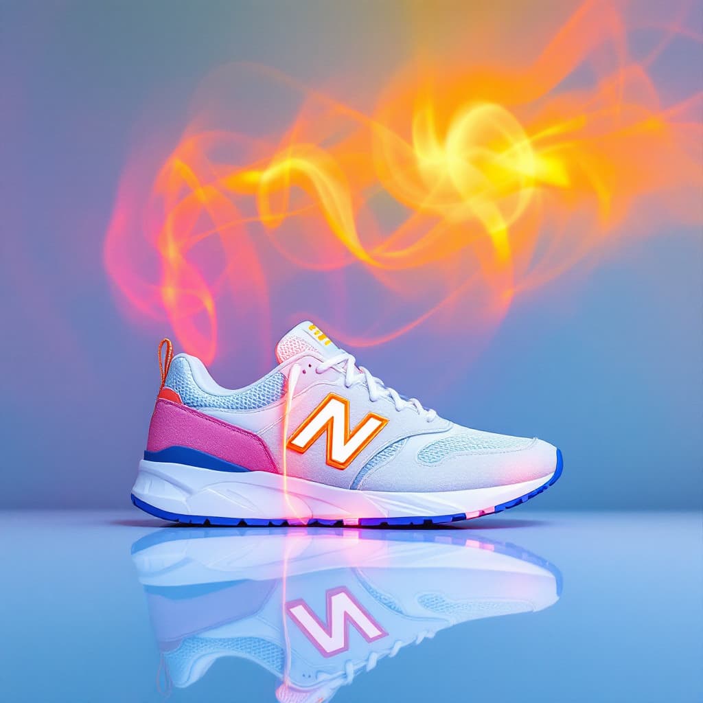 AI generated: photograph, productive, New Balance 327, white and orange, yellow, reflection blue name 