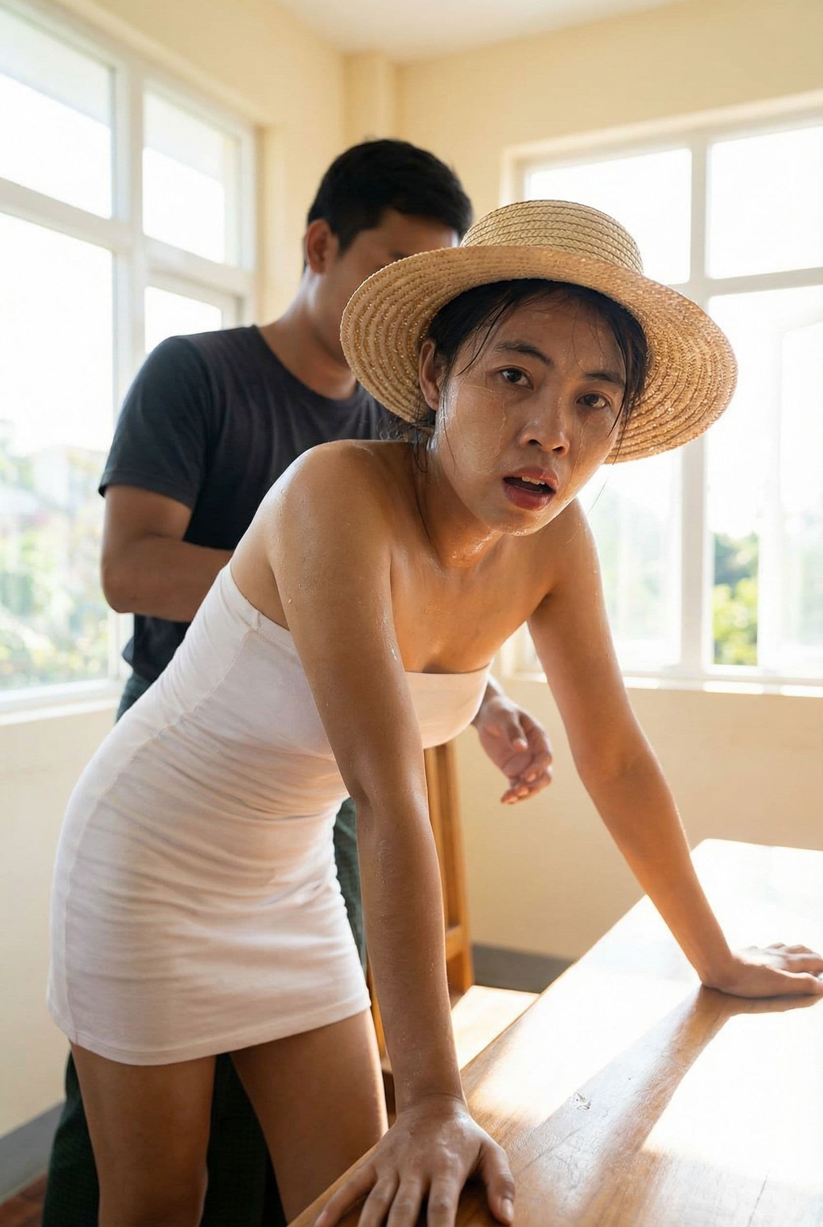 AI generated: woman bent over a table. a man stands behind her. Woman wearing white tight bodycon dress, tube top ...