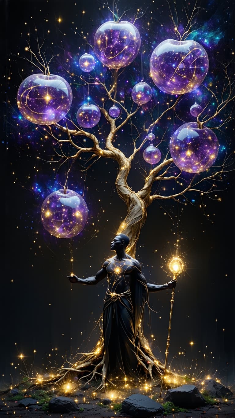 AI generated: A celestial gardener, their body a fusion of amethyst light and golden roots, stands before a massiv...