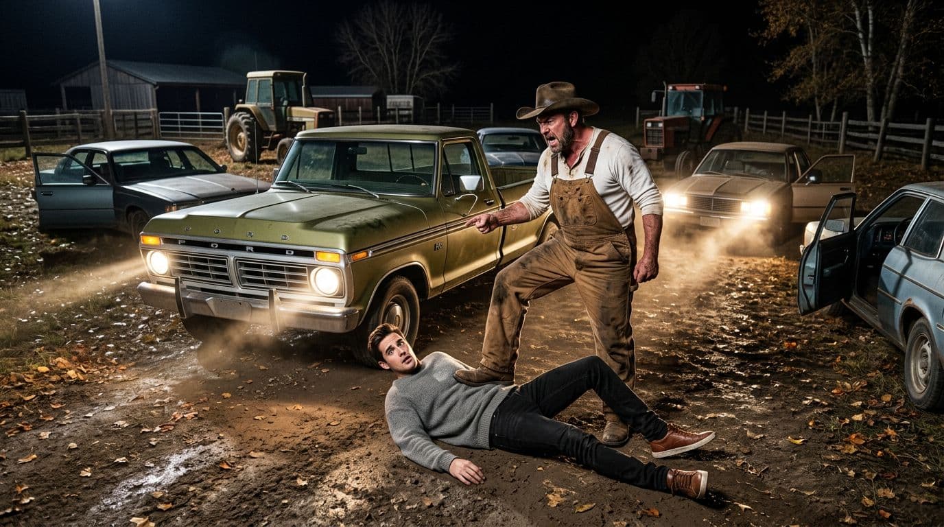 AI generated: In an Autumn night at a ranch. The large vintage olive green Ford pick up truck is parked between ni...