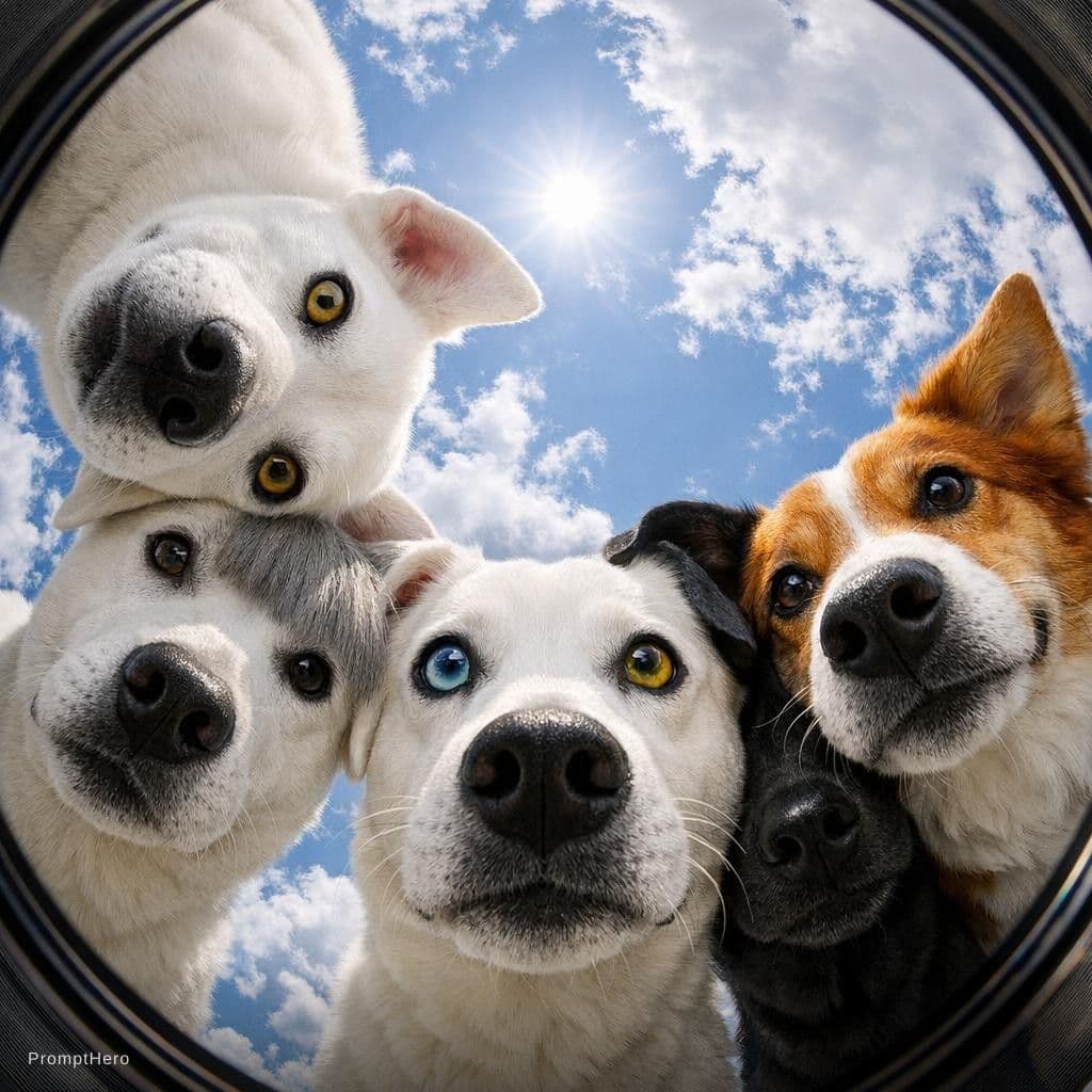 AI generated: a group of 5 dogs looking up at the sky from below with their heads together side by side, fisheye p...