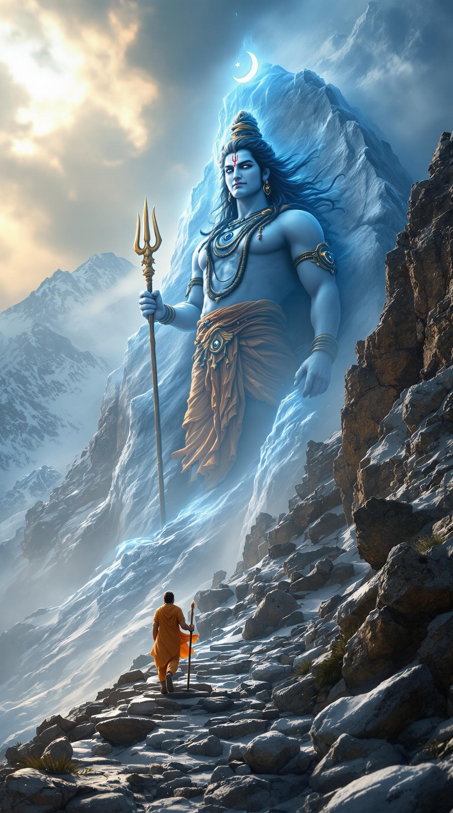 AI generated: "Ultra-realistic cinematic video, 8K resolution, depicting a lone devotee trekking up a steep Himala...