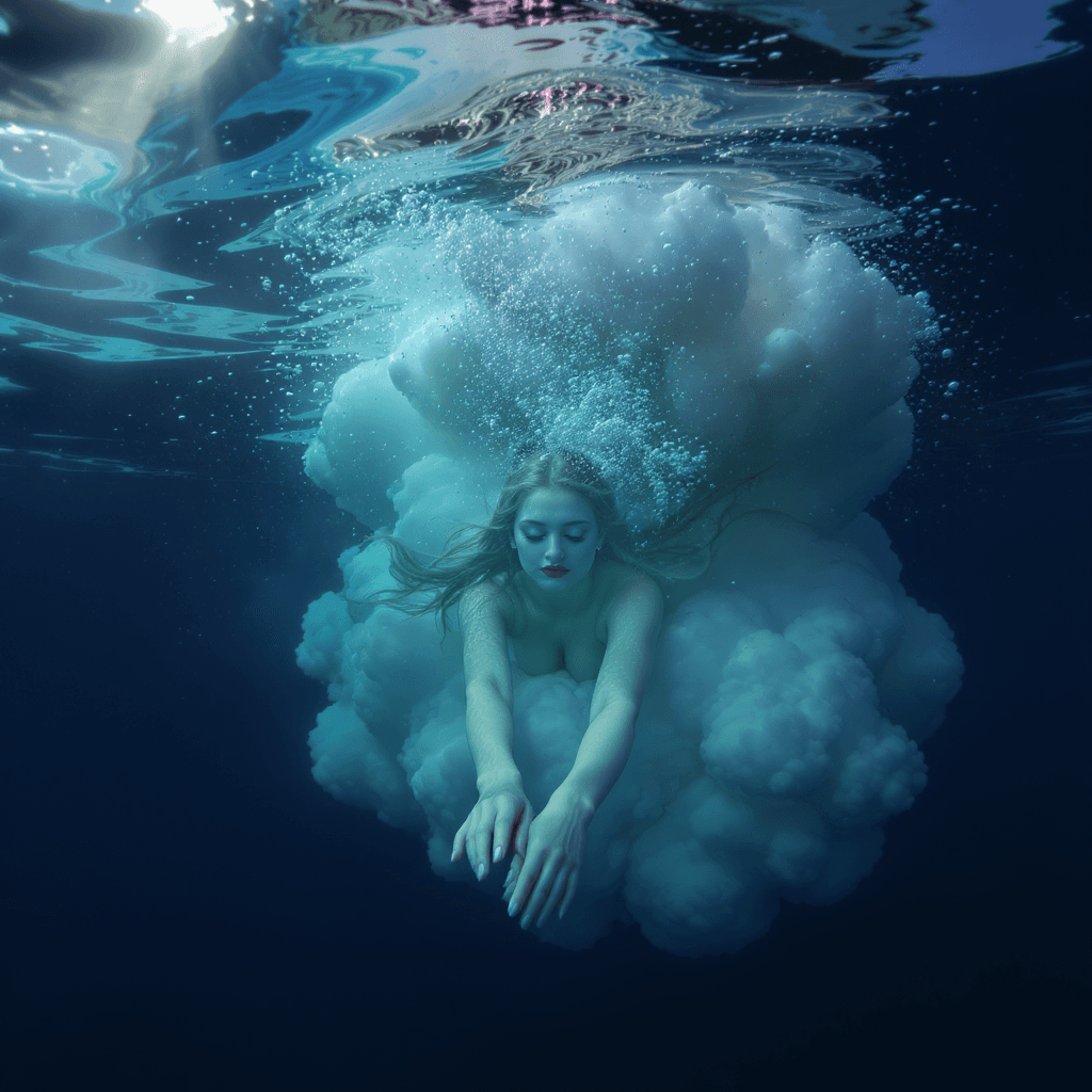 AI generated:  underwater hypnotic composition of underwater clouds, lovely woman swimming face the camera,underwa...