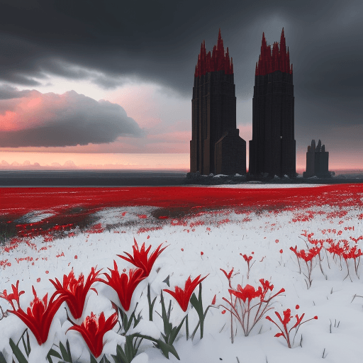 AI generated: Snow scenery, red flowers lilies, Two black towers in the horizon, dark sky, clouds